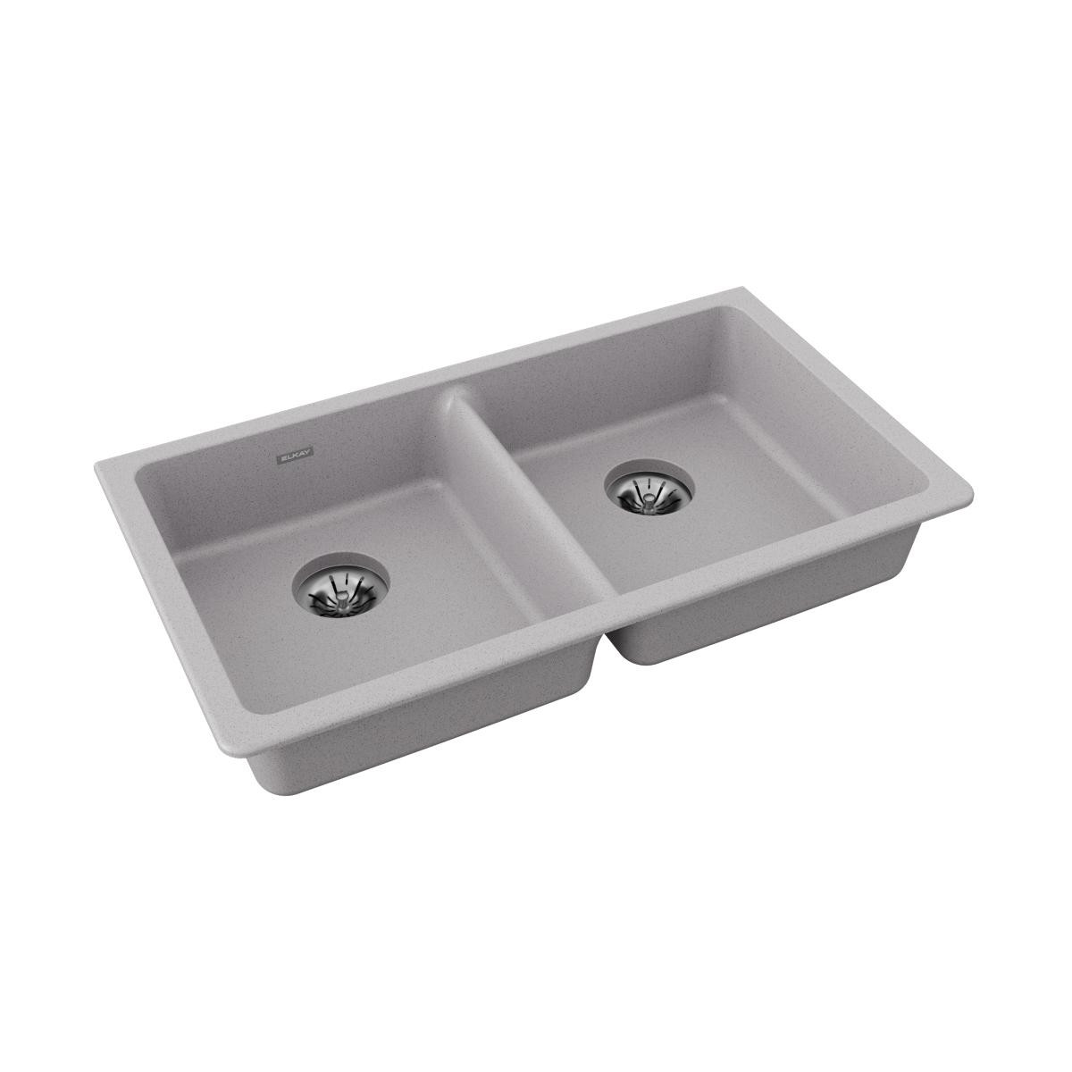 Elkay Quartz Classic 33" x 18-1/2" x 5-1/2", Double Bowl Undermount ADA Sink with Perfect Drain, Greystone