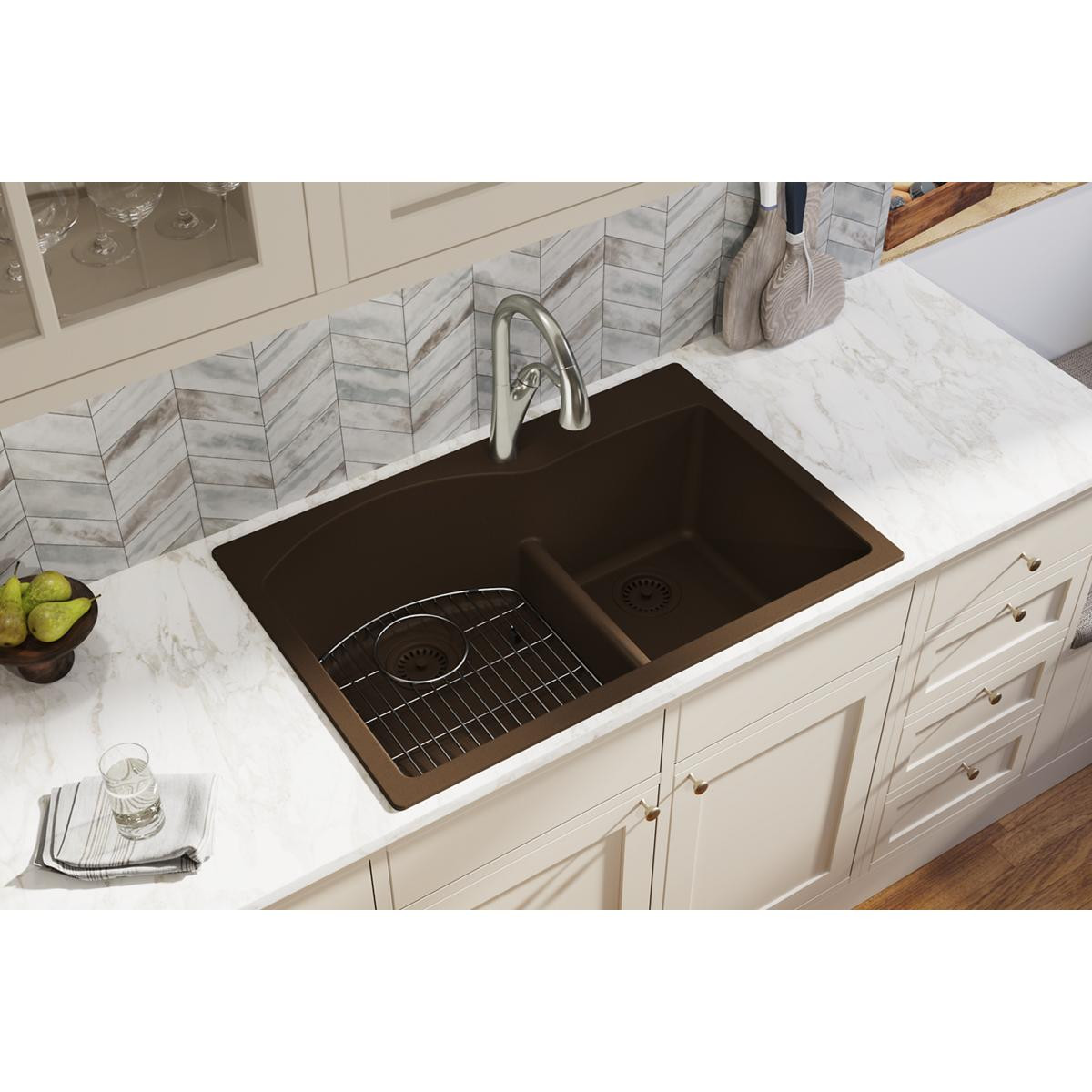 Elkay Quartz Classic 33" x 22" x 10", Offset 60/40 Double Bowl Drop-in Sink with Aqua Divide, Mocha