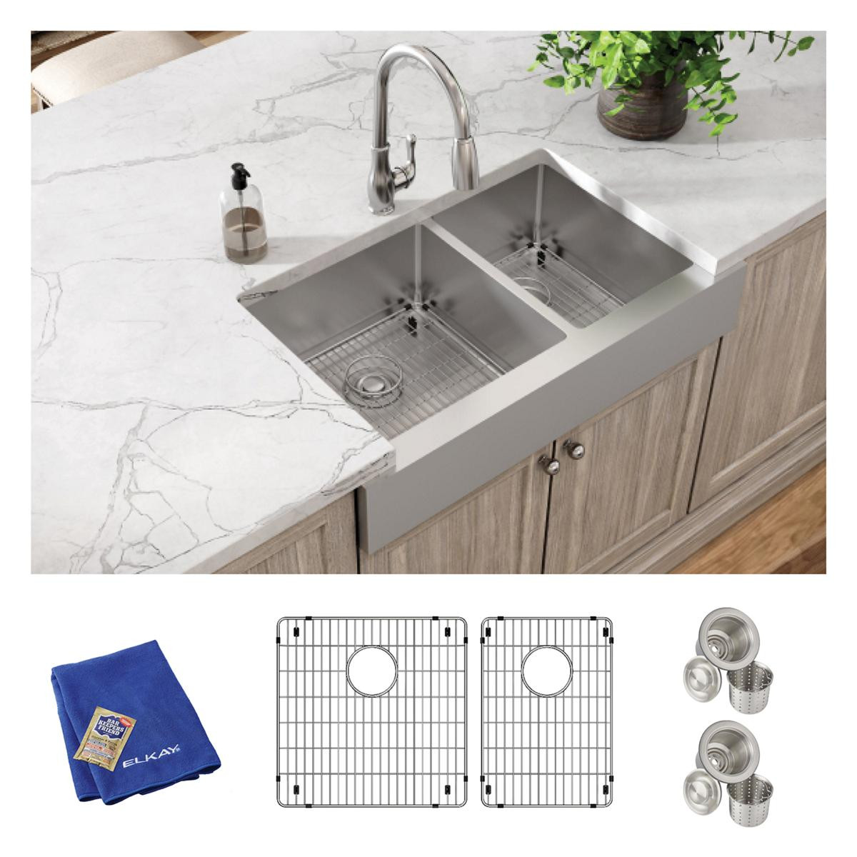 Elkay Crosstown 18 Gauge Stainless Steel 35-7/8" x 20-1/4" x 9" 60/40 Double Bowl Farmhouse Sink Kit