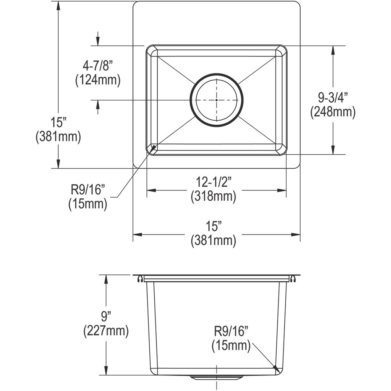 Elkay Crosstown 18 Gauge Stainless Steel 15" x 15" x 9" 2-Hole Single Bowl Dual Mount Bar Sink Kit