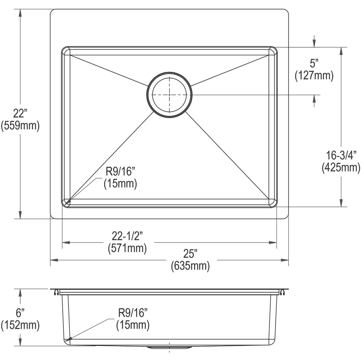 Elkay Crosstown 18 Gauge Stainless Steel 25" x 22" x 6", 5-Hole Single Bowl Dual Mount ADA Sink Kit