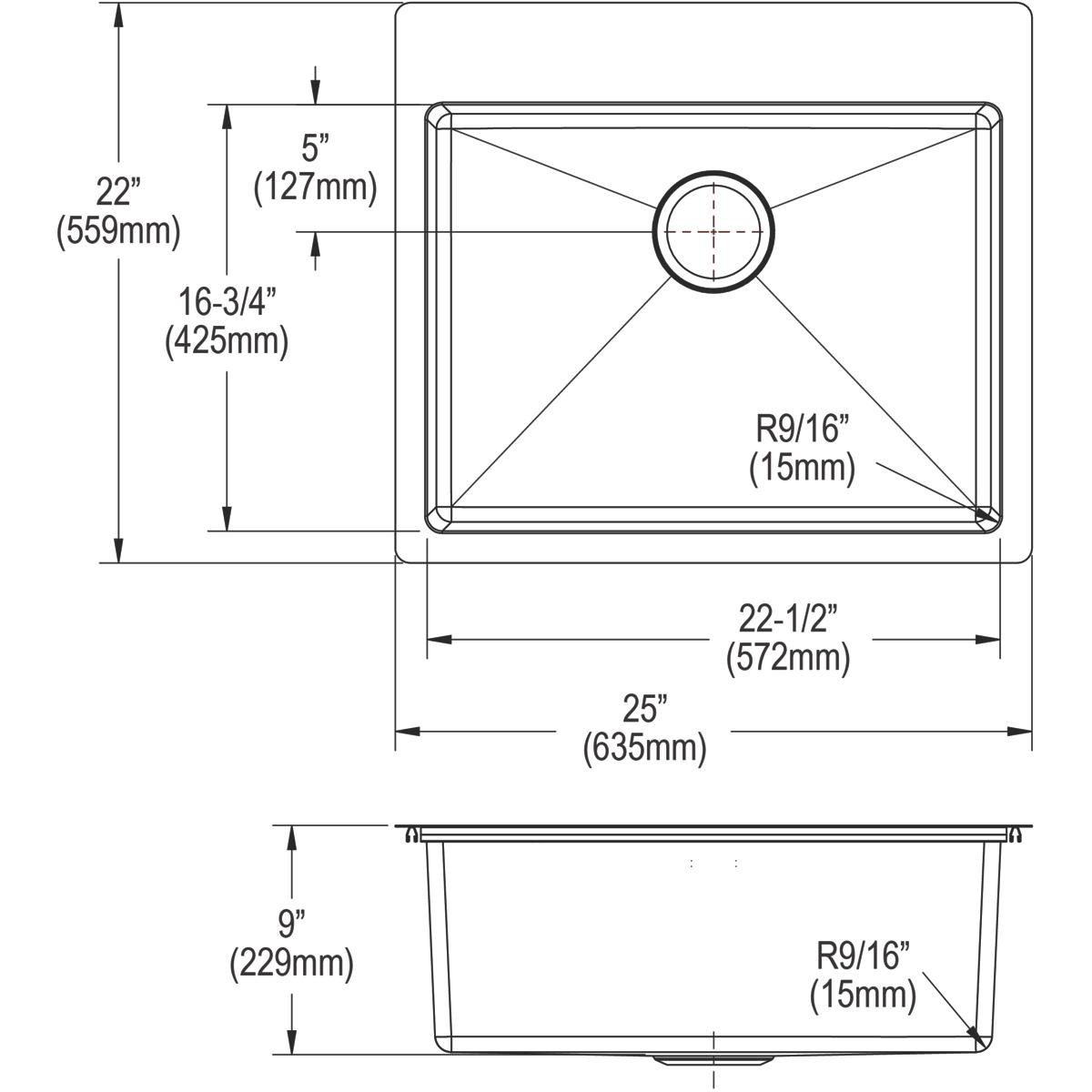 Elkay Crosstown 18 Gauge Stainless Steel 25" x 22" x 9" 3-Hole Single Bowl Dual Mount Sink Kit