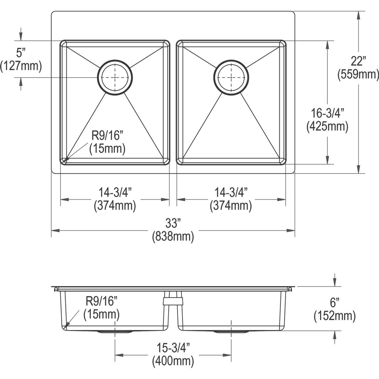 Elkay Crosstown 18 Gauge Stainless Steel 33" x 22" x 6", 4-Hole Equal Double Bowl Dual Mount ADA Sink Kit