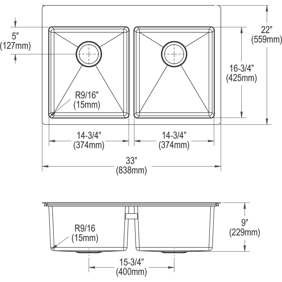 Elkay Crosstown 18 Gauge Stainless Steel 33" x 22" x 9", 3-Hole Equal Double Bowl Dual Mount Sink Kit