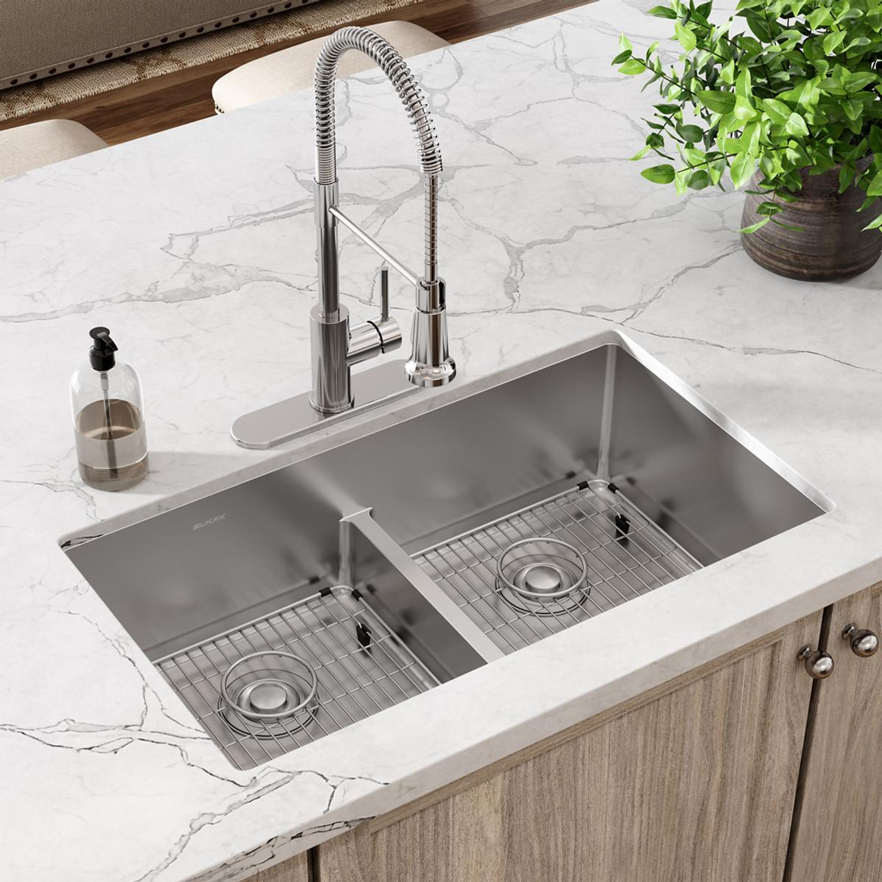 Elkay Crosstown 18 Gauge Stainless Steel 33" x 22" x 9", 3-Hole Equal Double Bowl Dual Mount Sink Kit with Aqua Divide