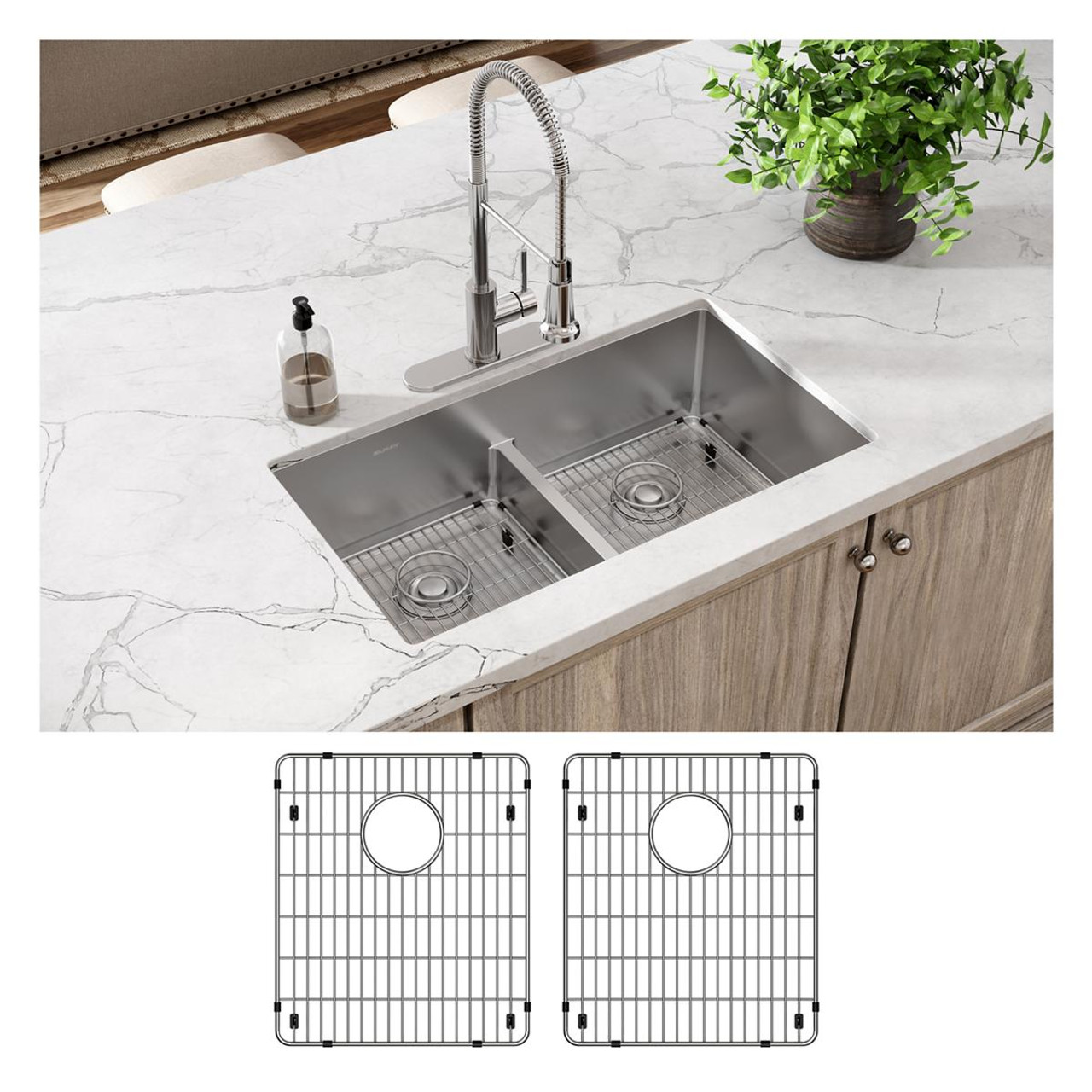 Elkay Crosstown 18 Gauge Stainless Steel 33" x 22" x 9", 3-Hole Equal Double Bowl Dual Mount Sink Kit with Aqua Divide