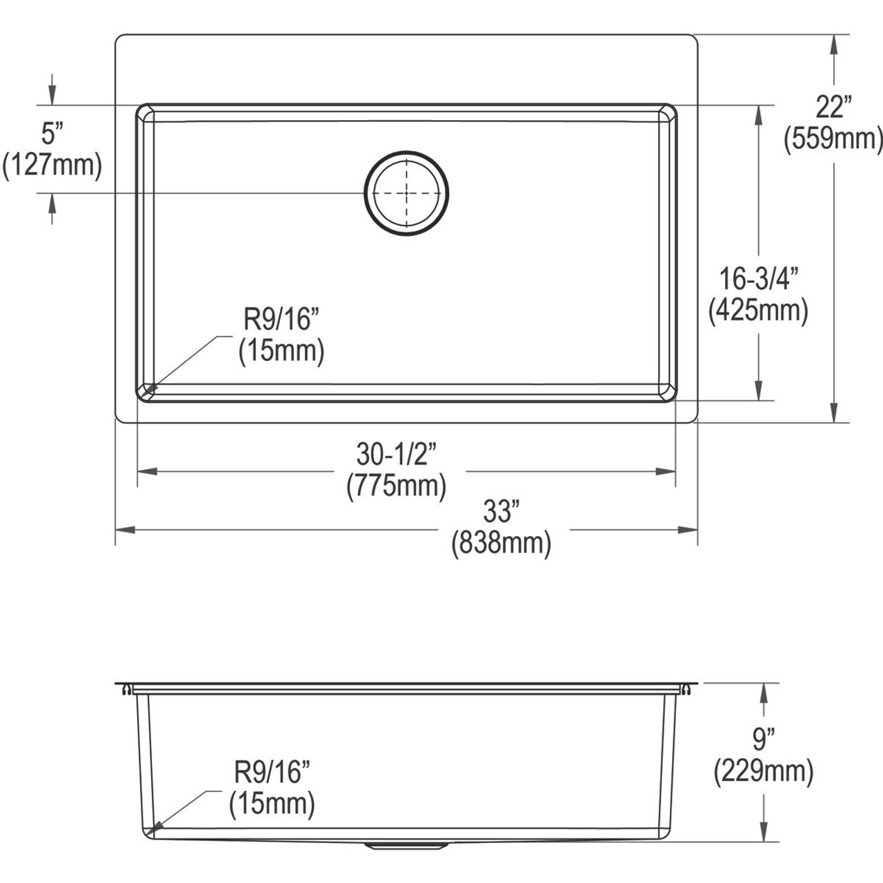 Elkay Crosstown 18 Gauge Stainless Steel 33" x 22" x 9" FR2-Hole Single Bowl Dual Mount Sink Kit