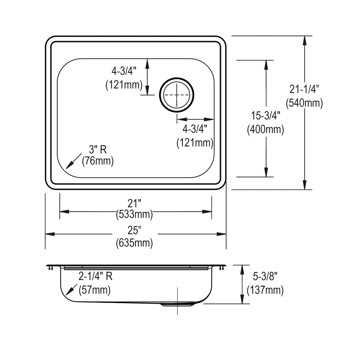 Elkay Dayton Stainless Steel 25" x 21-1/4" x 5-3/8" 4-Hole Single Bowl Drop-in Sink with Right Drain
