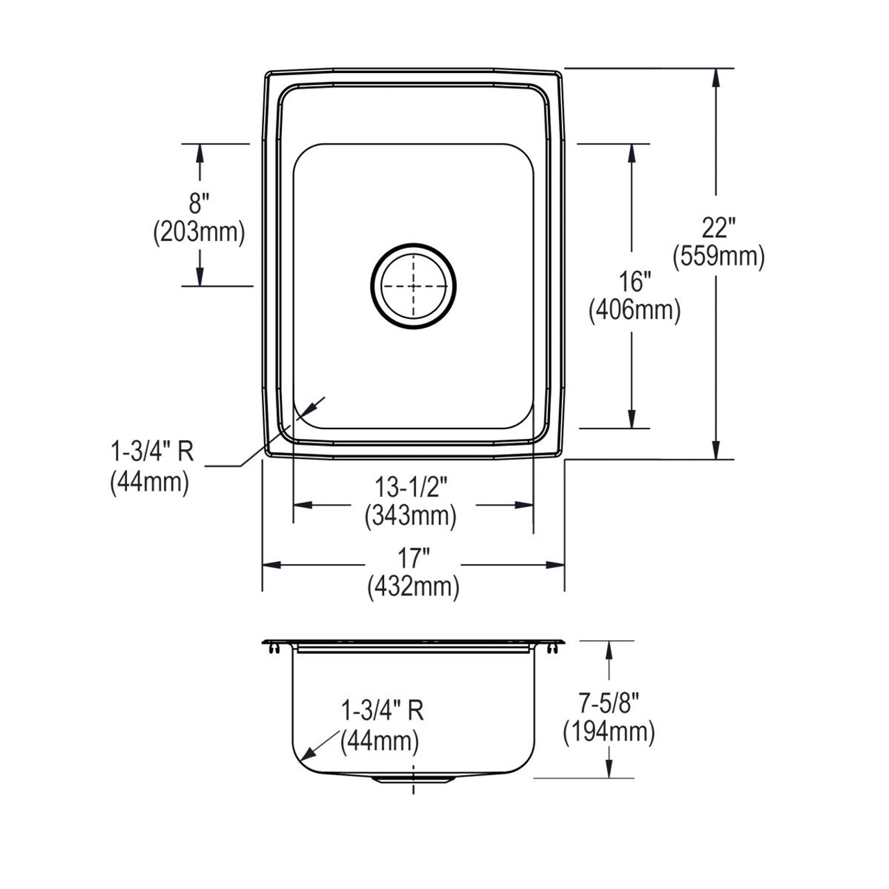 Elkay Lustertone Classic Stainless Steel 17" x 22" x 7-5/8", 3-Hole Single Bowl Drop-in Sink