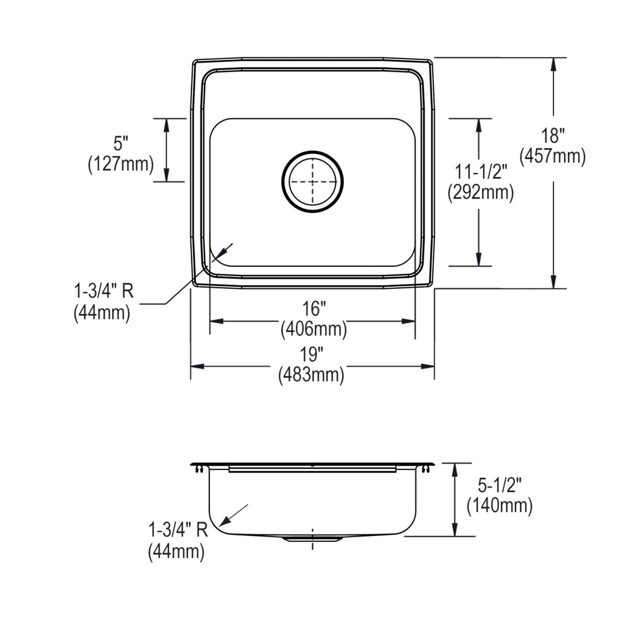 Elkay Lustertone Classic Stainless Steel 19" x 18" x 5-1/2", 1-Hole Single Bowl Drop-in ADA Sink