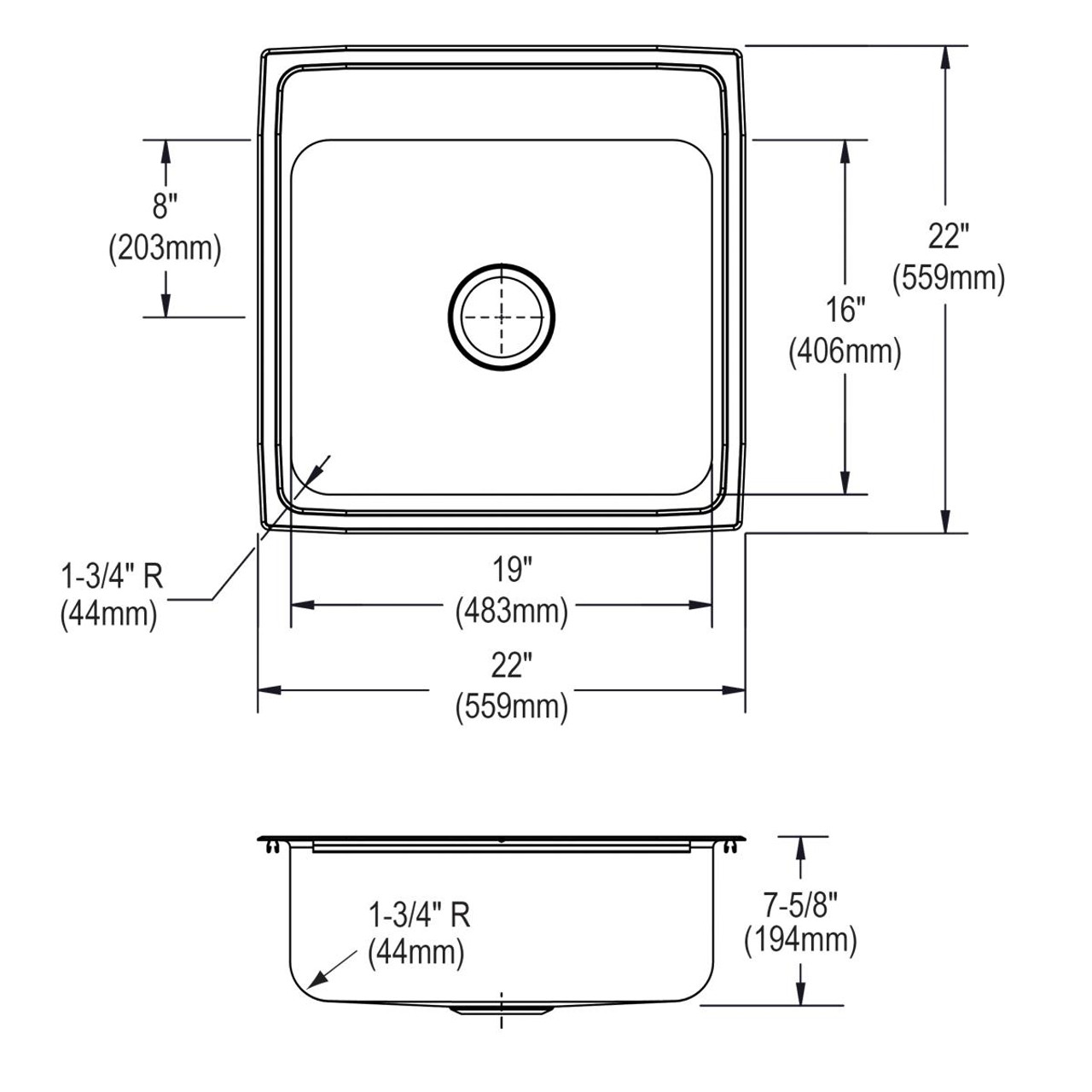 Elkay Lustertone Classic Stainless Steel 22" x 22" x 7-5/8", 3-Hole Single Bowl Drop-in Sink