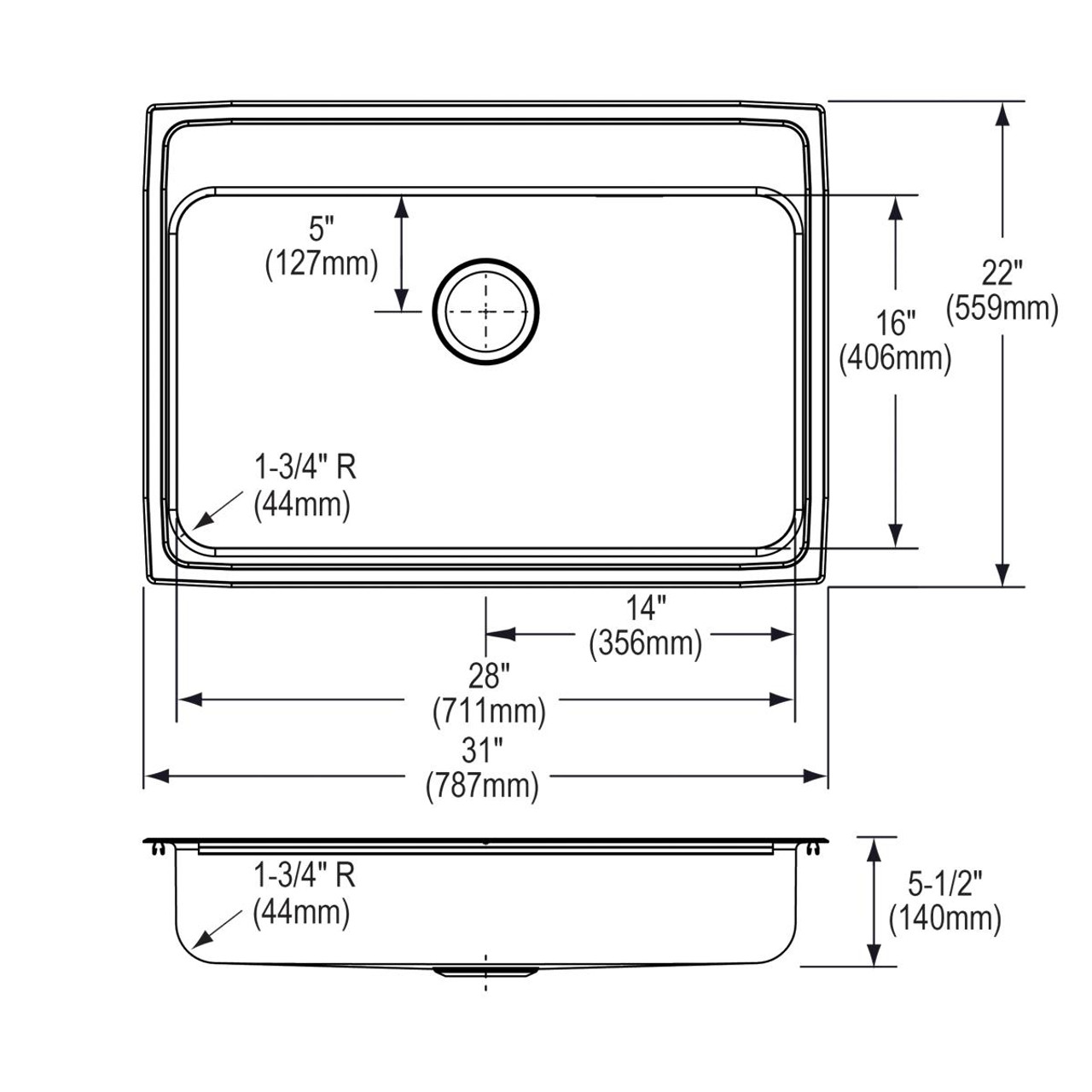 Elkay Lustertone Classic Stainless Steel 31" x 22" x 5-1/2" 3-Hole Single Bowl Drop-in ADA Sink