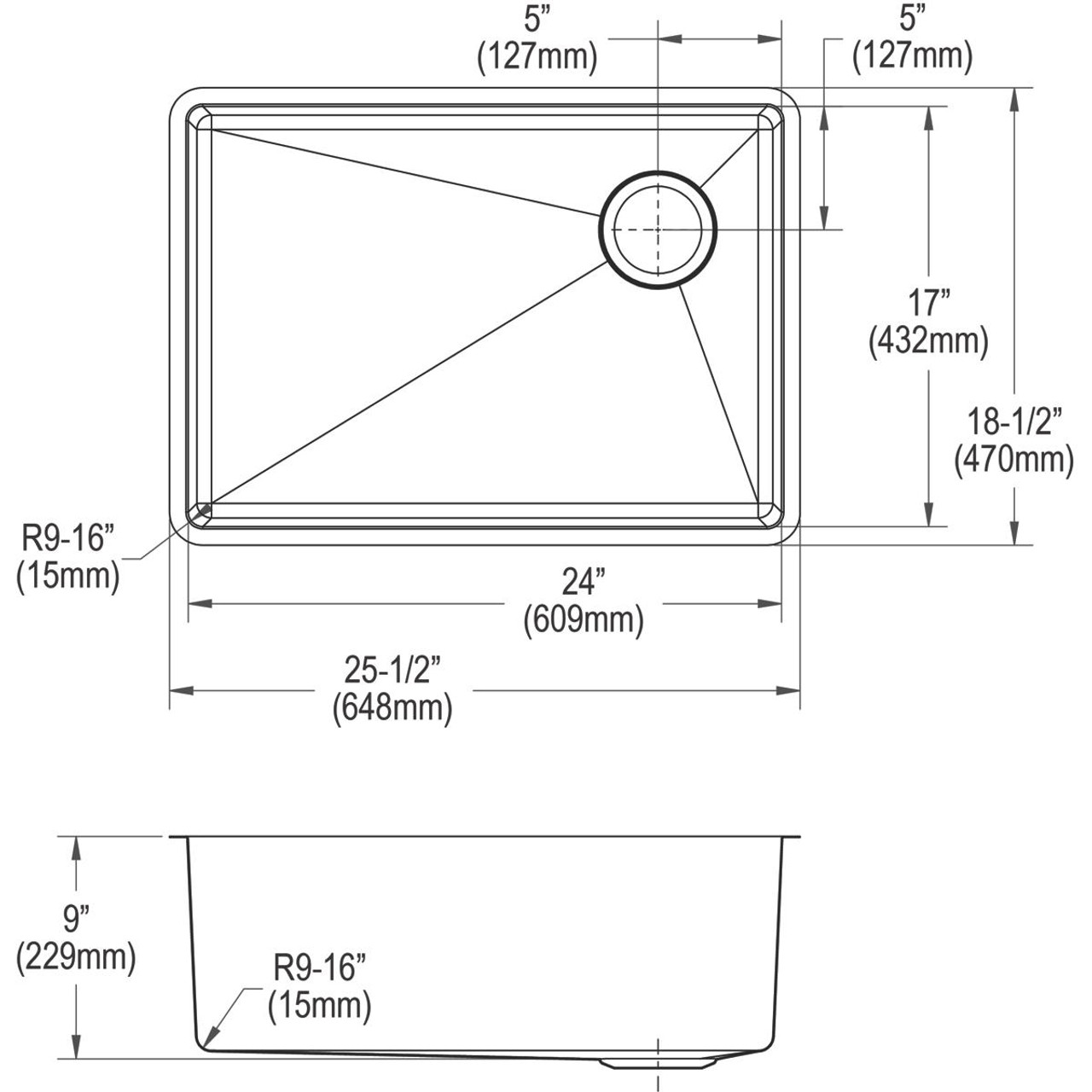 Elkay Crosstown 18 Gauge Stainless Steel 25-1/2" x 18-1/2" x 9" Single Bowl Undermount Sink Kit