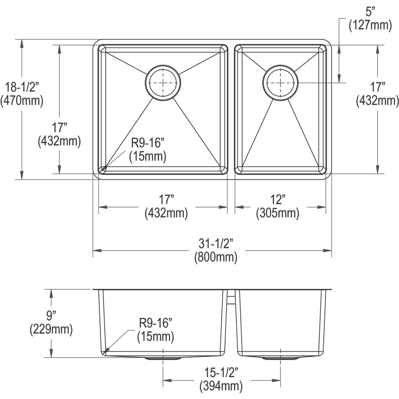 Elkay Crosstown 18 Gauge Stainless Steel 31-1/2" x 18-1/2" x 9" 60/40 Double Bowl Undermount Sink