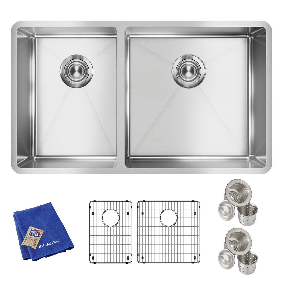 Elkay Crosstown 18 Gauge Stainless Steel 31-1/2" x 18-1/2" x 9", 40/60 Double Bowl Undermount Sink Kit