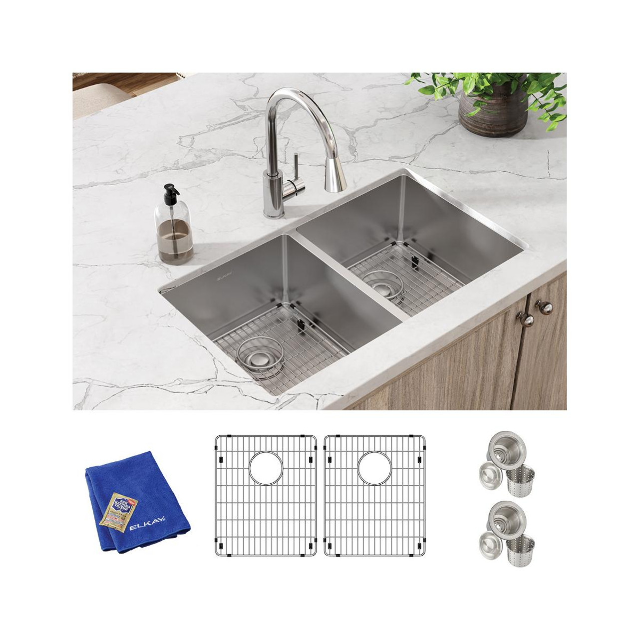 Elkay Crosstown 18 Gauge Stainless Steel 31-1/2" x 18-1/2" x 9" Equal Double Bowl Undermount Sink Kit
