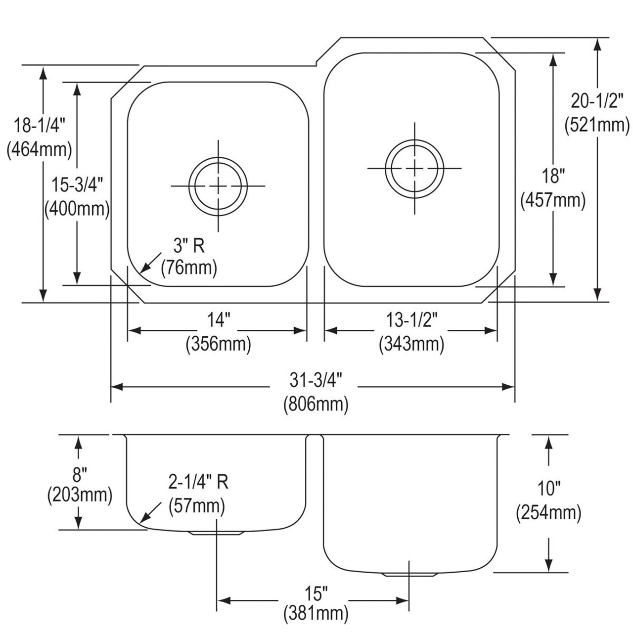 Elkay Dayton Stainless Steel 31-3/4" x 20-1/2" x 10" 40/60 Double Bowl Undermount Sink - DXUH312010L