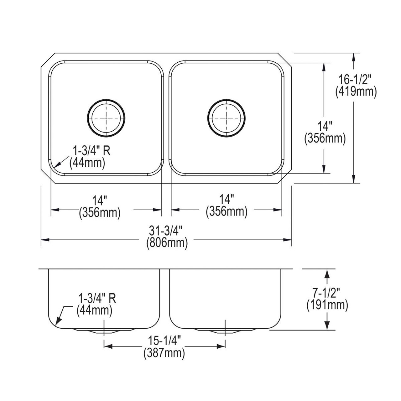 Elkay Lustertone Classic Stainless Steel, 31-3/4" x 16-1/2" x 7-1/2" Equal Double Bowl Undermount Sink