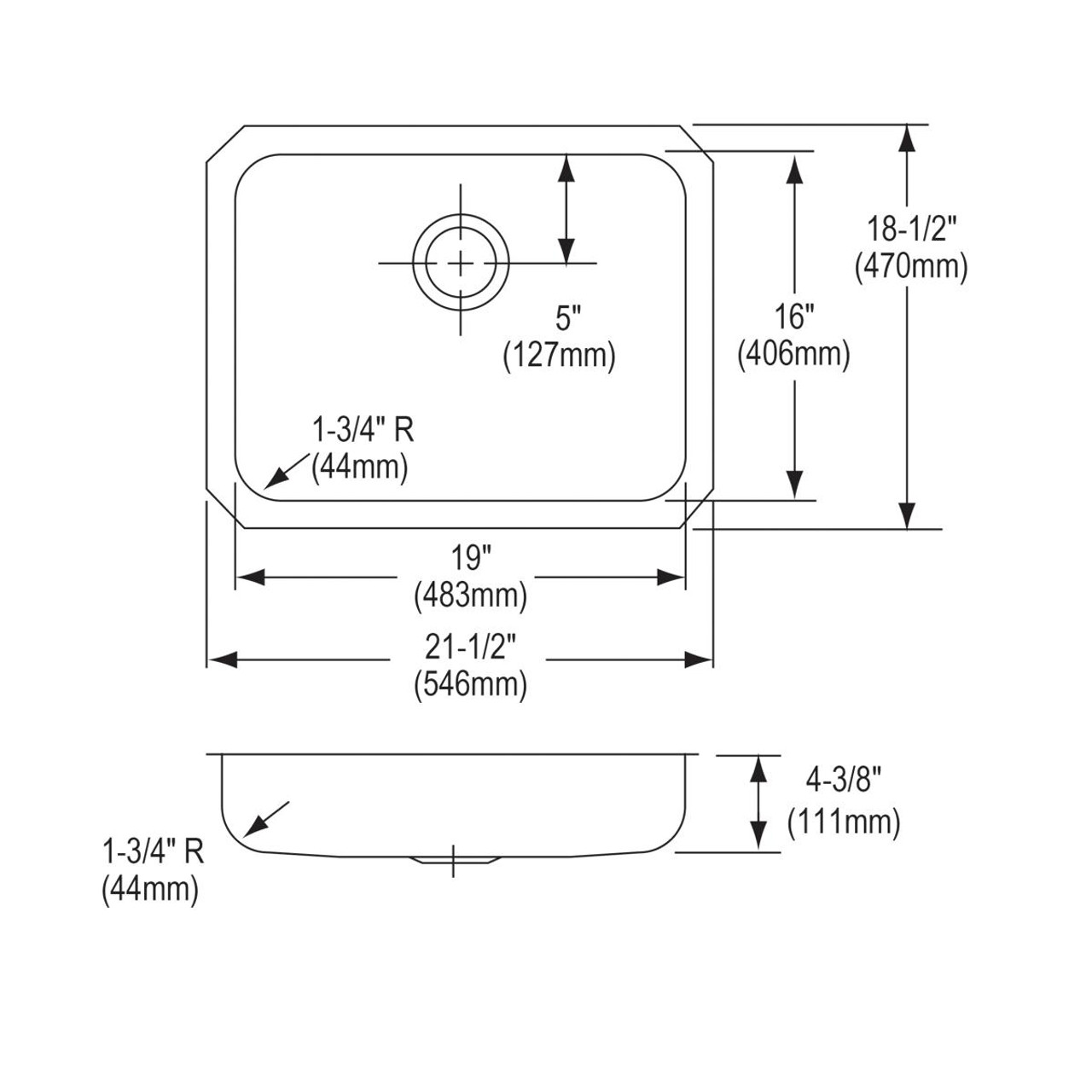Elkay Lustertone Classic Stainless Steel 21-1/2" x 18-1/2" x 4-3/8" Single Bowl Undermount ADA Sink