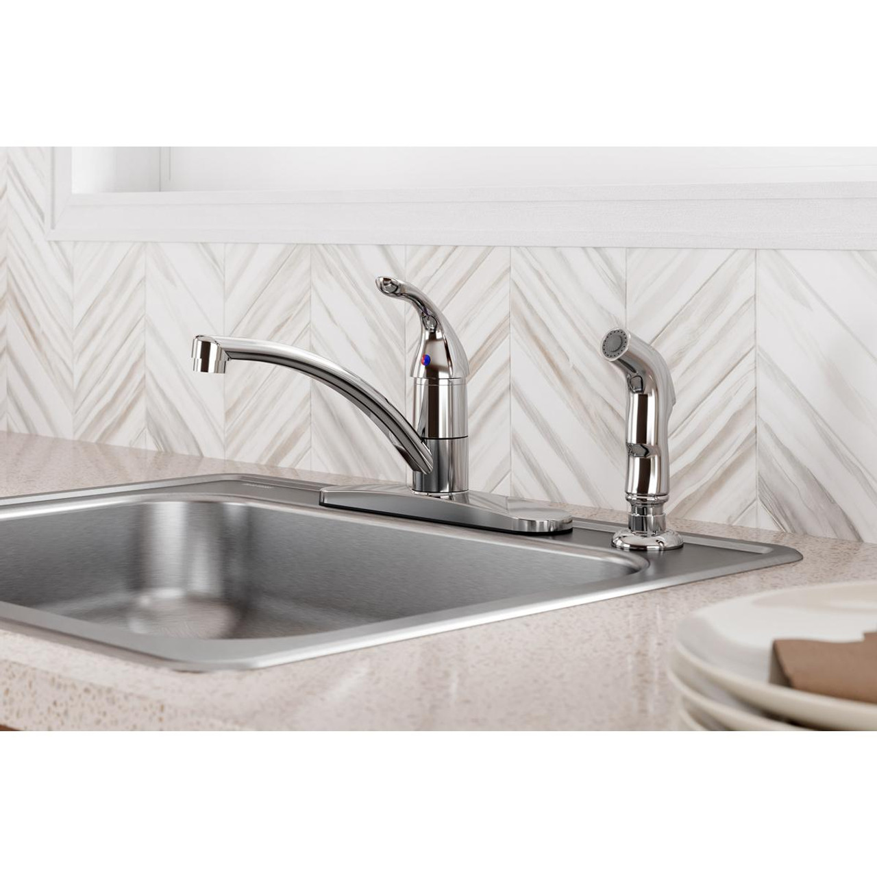 Elkay Everyday Four Hole Deck Mount Kitchen Faucet with Lever Handle and Side Spray and Deck Plate/Escutcheon Chrome