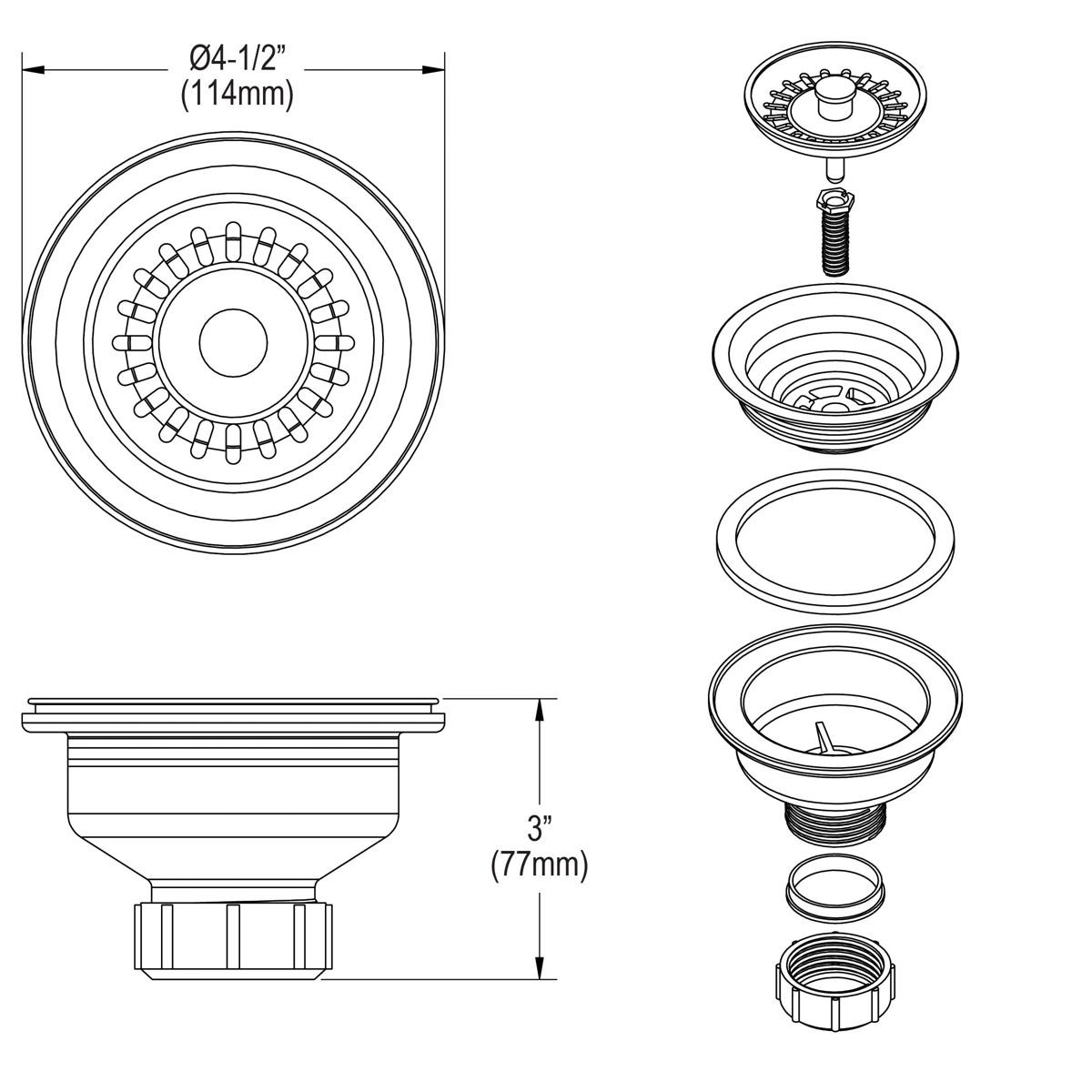 Elkay Polymer Drain Fitting with Removable Basket Strainer and Rubber Stopper Putty
