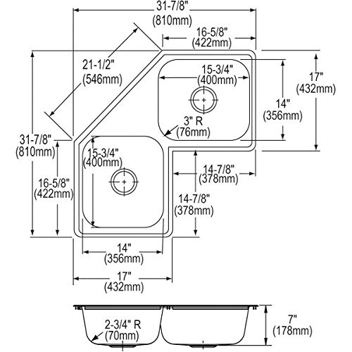 Elkay Dayton Stainless Steel 31-7/8" x 31-7/8" x 7" 4-Hole Equal Double Bowl Corner Sink