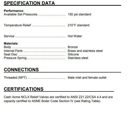 Cash Acme 16487-0150 Temperature and Pressure Relief 3/4 Inch Brass