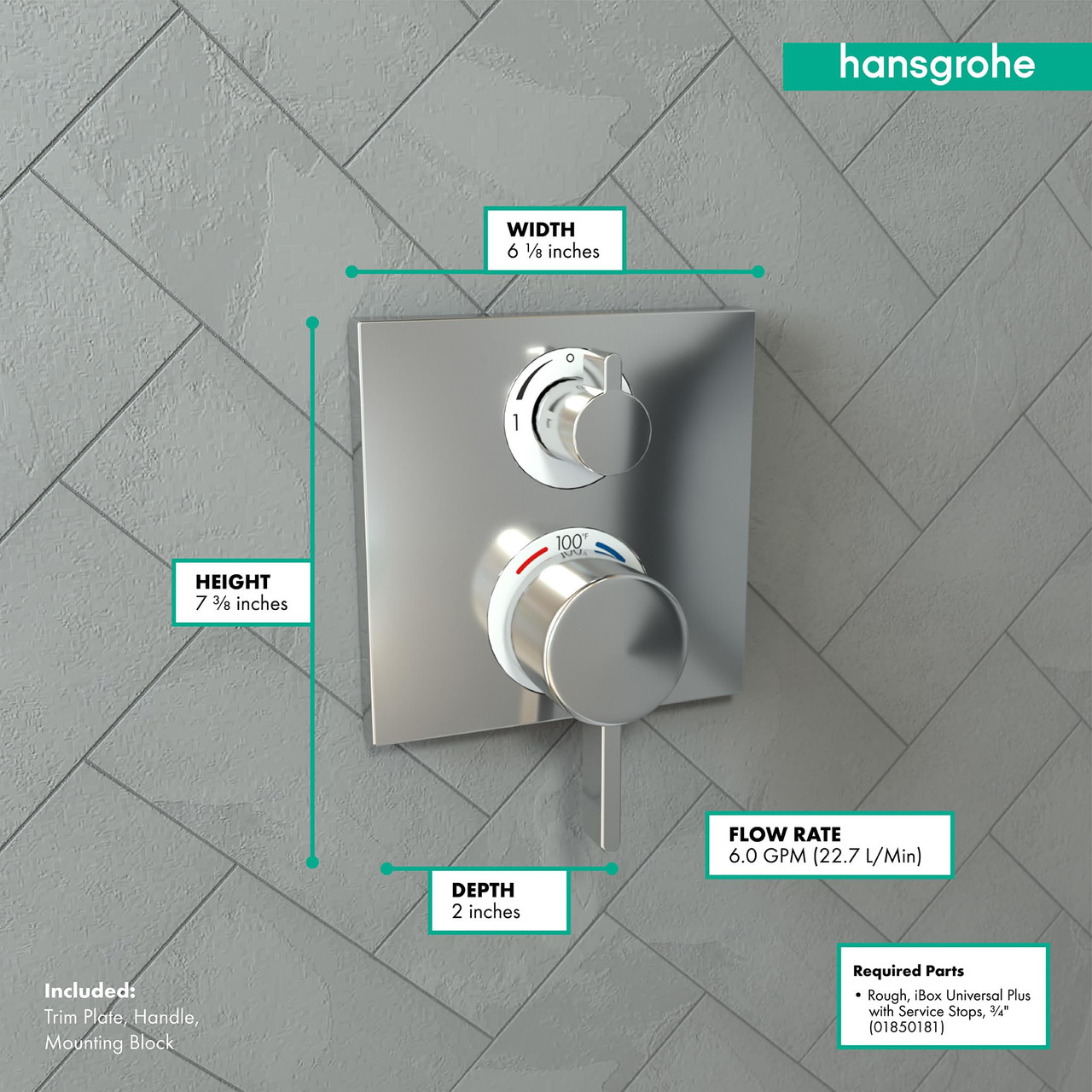 Hansgrohe 15712001 Ecostat Square Thermostatic Trim with Volume Control in Chrome