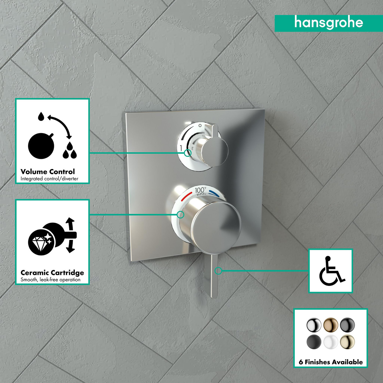 Hansgrohe 15714001 Ecostat Square Thermostatic Trim with Volume Control and Diverter in Chrome
