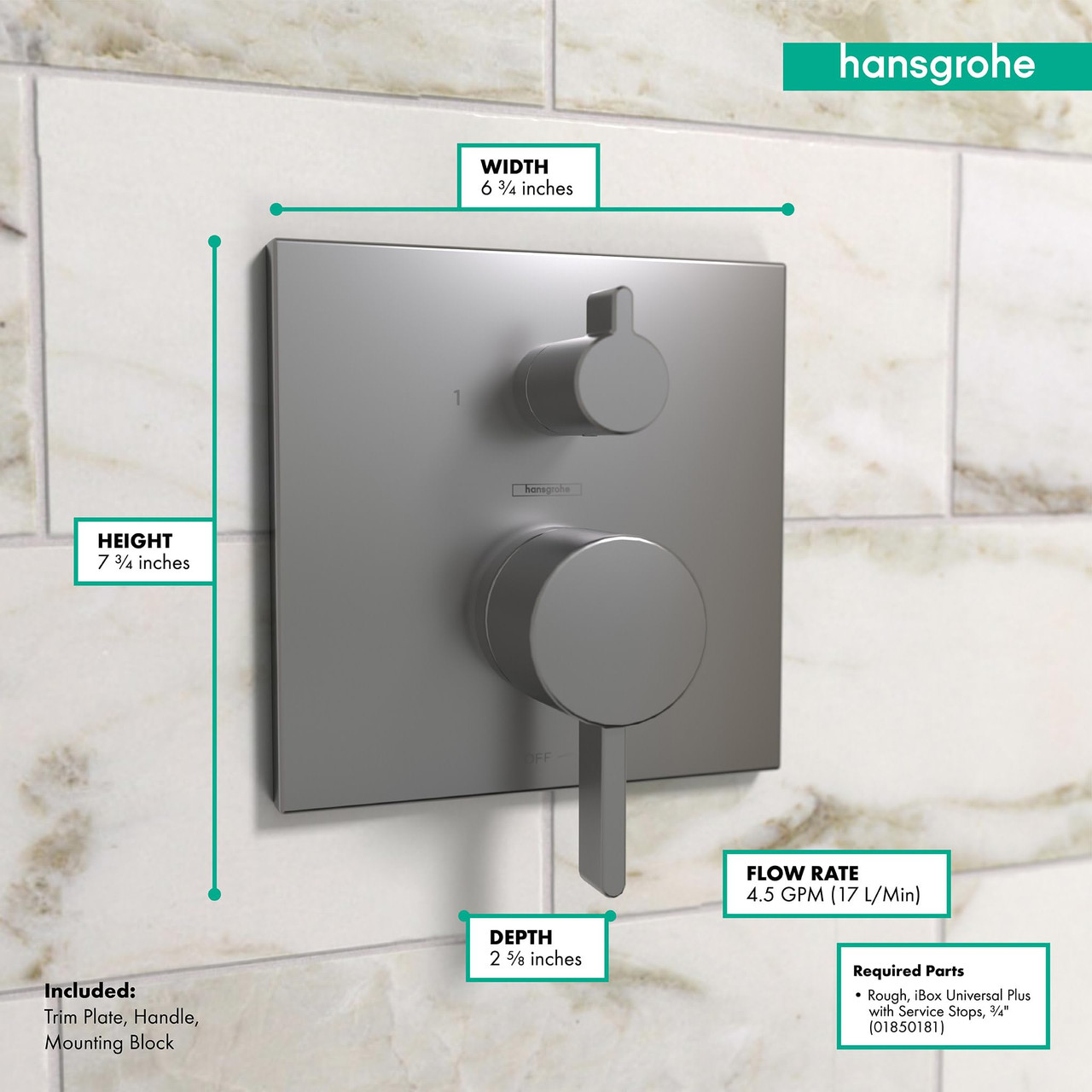 Hansgrohe 15862341 Ecostat Pressure Balance Trim Square with Diverter in Brushed Black Chrome
