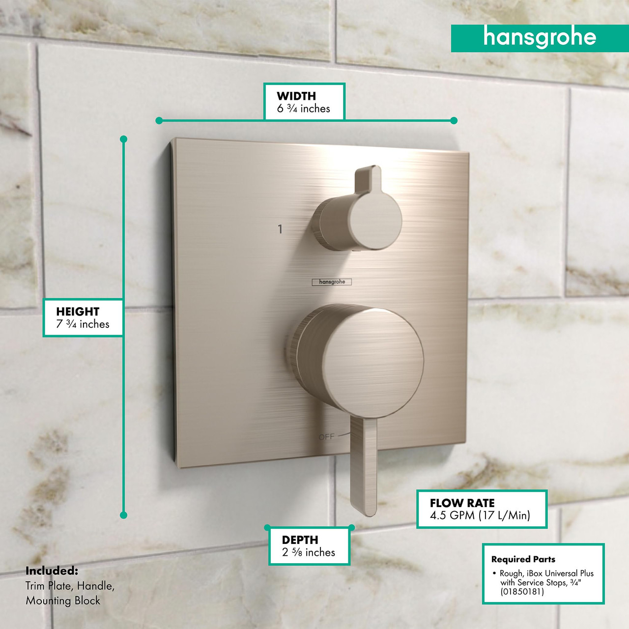 Hansgrohe 15862821 Ecostat Pressure Balance Trim Square with Diverter in Brushed Nickel