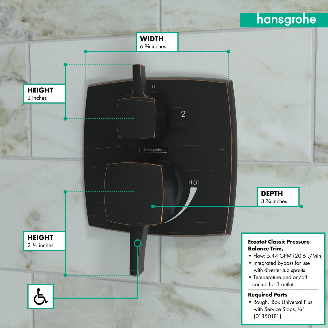 Hansgrohe 15865921 Ecostat Classic Pressure Balance Trim Classic Square with Diverter in Rubbed Bronze