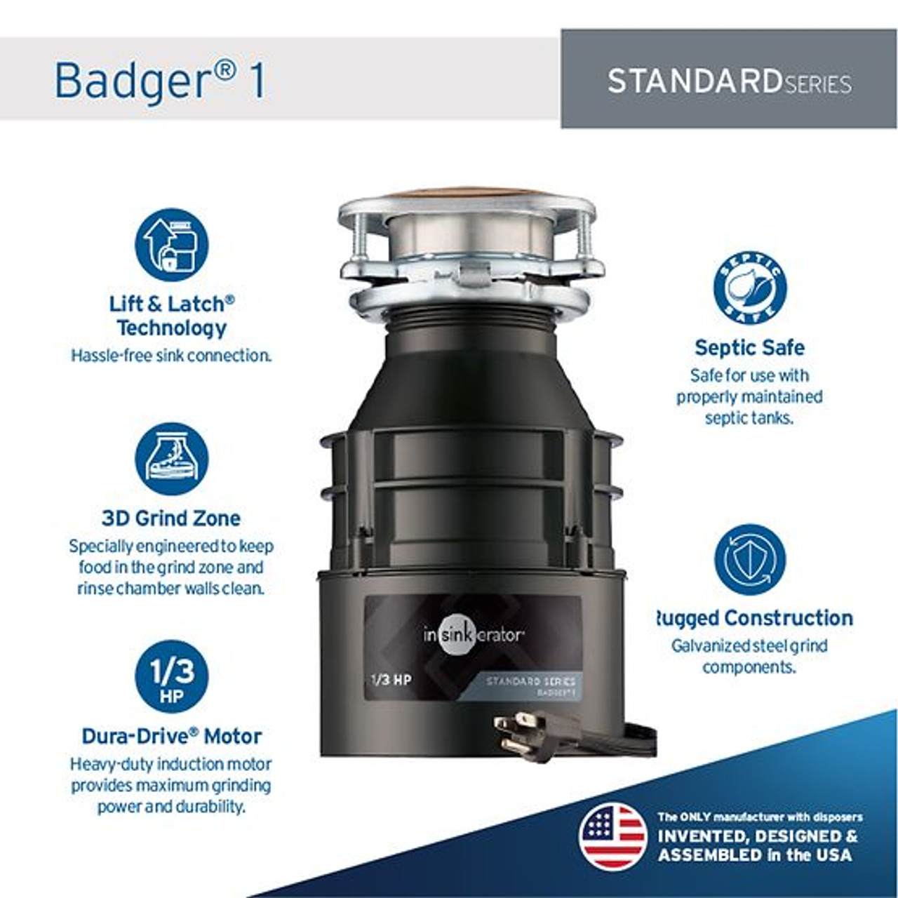 InSinkErator Badger 1 Garbage Disposal with Cord, 1/3 HP - 79880A-ISE