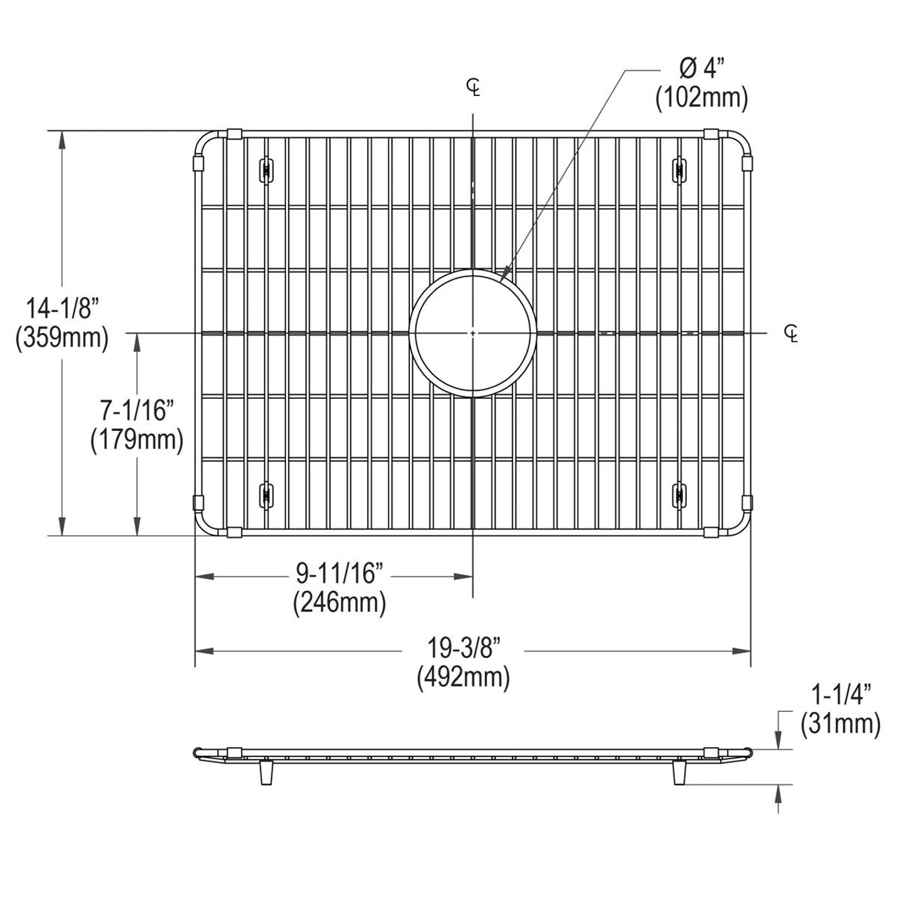 Elkay Crosstown Stainless Steel 19-3/8" x 14-1/8" x 1-1/4" Bottom Grid Center Drain