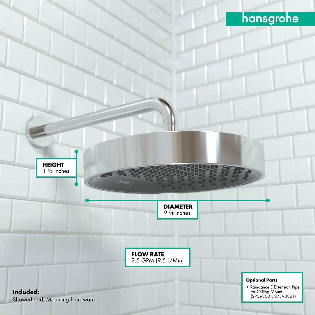 Hansgrohe 26228001 Rainfinity Shower Head 250 1-Jet, 2.5 GPM in Chrome