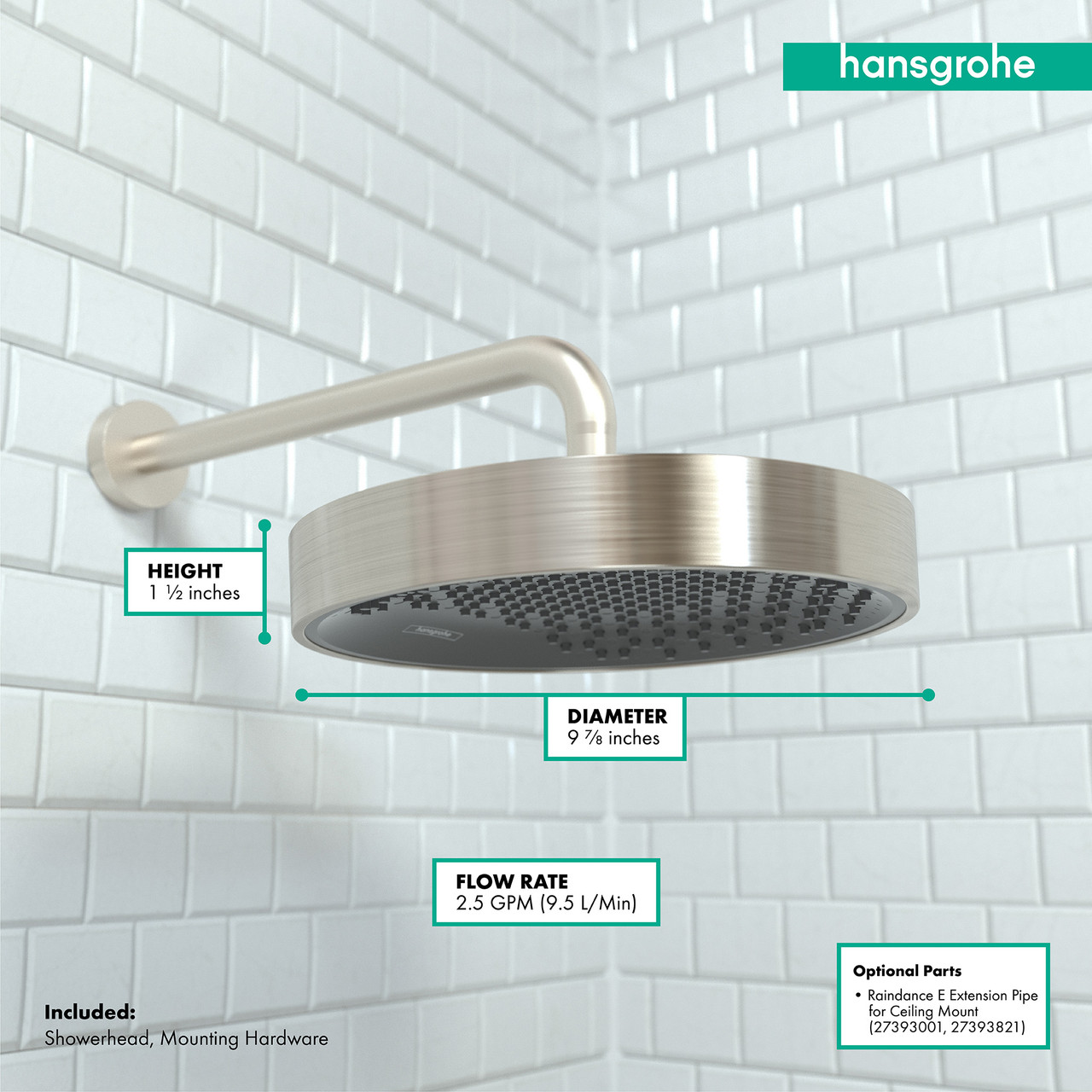 Hansgrohe 26228821 Rainfinity Shower Head 250 1-Jet, 2.5 GPM in Brushed Nickel