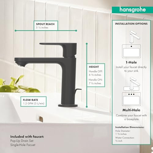 hansgrohe 72517671 Rebris S Single-Hole Faucet 110 with Pop-Up Drain, 1.2 GPM in Matte Black