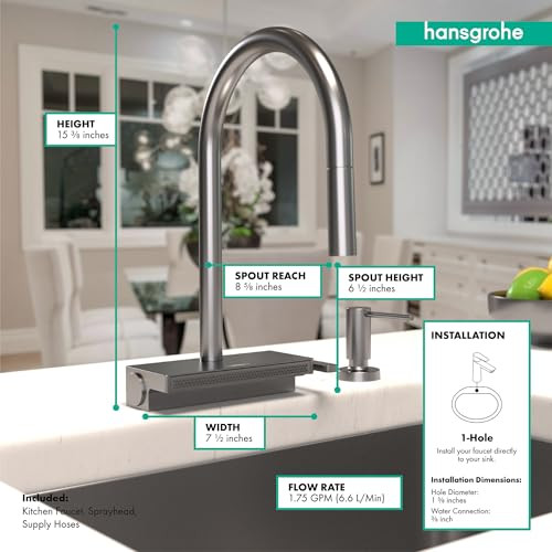 Hansgrohe 73837341 Aquno Select High Arc Kitchen Faucet, 3-Spray Pull-Down, 1.75 GPM in Brushed Black Chrome