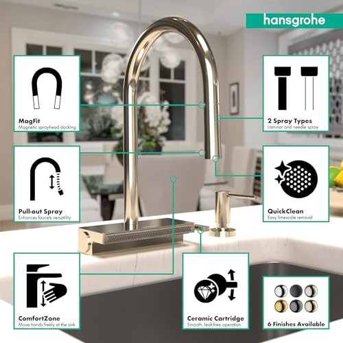 Hansgrohe 73837831 Aquno Select High Arc Kitchen Faucet, 3-Spray Pull-Down, 1.75 GPM in Polished Nickel