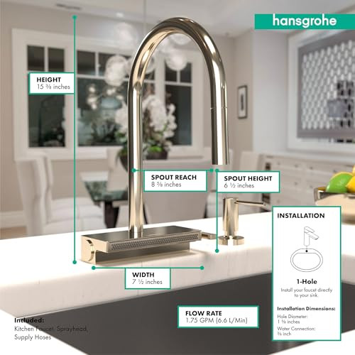 Hansgrohe 73837831 Aquno Select High Arc Kitchen Faucet, 3-Spray Pull-Down, 1.75 GPM in Polished Nickel
