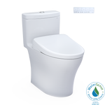 Toto Aquia IV One Piece Elongated Universal Height Toilet with CEFIONTECT Dual Flush 0.9 and 1.28 GPF with Contemporary Washlet+ S7 Bidet Seat in Cotton White