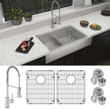 Elkay Crosstown 18 Gauge Stainless Steel 35-7/8" x 20-1/4" x 9", Equal Double Bowl Farmhouse Sink & Faucet Kit with Aqua Divide & Bottom Grid & Drain