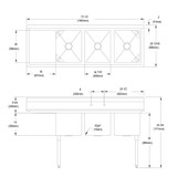 Elkay Dependabilt Stainless Steel 72-1/2" x 25-13/16" x 43-3/4" 16 Gauge Three Compartment Sink w/ 18" Left Drainboard and Stainless Steel Legs