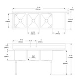 Elkay Dependabilt Stainless Steel 72-1/2" x 25-13/16" x 43-3/4" 16 Gauge Three Compartment Sink w/ 18" Right Drainboard and Stainless Steel Legs