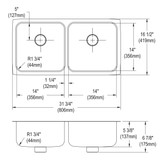 Elkay Lustertone Classic Stainless Steel 31-3/4" x 16-1/2" x 5-3/8", Double Bowl Undermount ADA Sink w/Perfect Drain