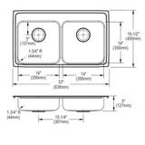 Elkay Lustertone Classic Stainless Steel 33" x 19-1/2" x 5", MR2-Hole Equal Double Bowl Drop-in ADA Sink