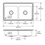 Elkay Lustertone Classic Stainless Steel 37" x 22" x 7-5/8", 0-Hole Equal Double Bowl Drop-in Sink