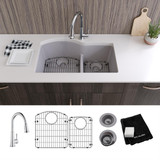 Elkay Quartz Classic 33" x 22" x 10", Offset 60/40 Double Bowl Undermount Sink Kit with Faucet with Aqua Divide, Greystone