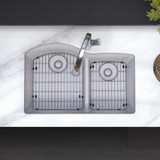 Elkay Quartz Classic 33" x 22" x 10", Offset 60/40 Double Bowl Undermount Sink Kit with Filtered Faucet with Aqua Divide, Greystone