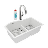 Elkay Quartz Classic 33" x 22" x 10", Offset 60/40 Double Bowl Undermount Sink Kit with Filtered Faucet with Aqua Divide, White